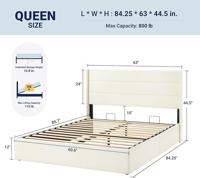 Allewie Queen Size Chenille Lift Up Hydraulic Storage Bed Frame Cream White | Chenille Fabric Upholstered, Modern Wingback Headboard, Hydraulic Support Storage, No Box Spring Needed