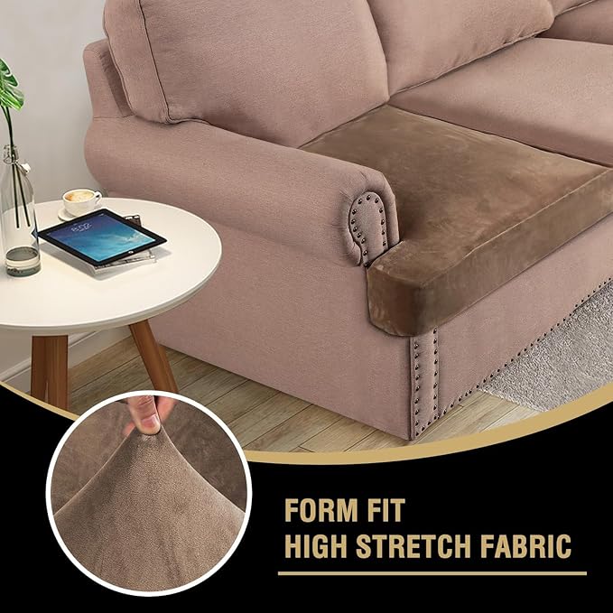 H.VERSAILTEX Stretch Velvet 2 Piece T Cushion Sofa Slipcovers - Individually Fitting Cushion Covers for 2 Cushion Couch - Stay in Place (Camel)
