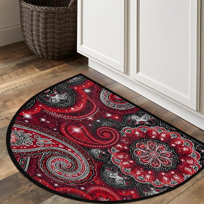 Paisley Half Round Rug Half Moon Door Mat Half Circle Rugs | Ethnic Flowers Washable Non-Slip Semi Circle Rug Welcome Half Round Door Mat Indoor Entrance Bedroom Living Room Decor B286