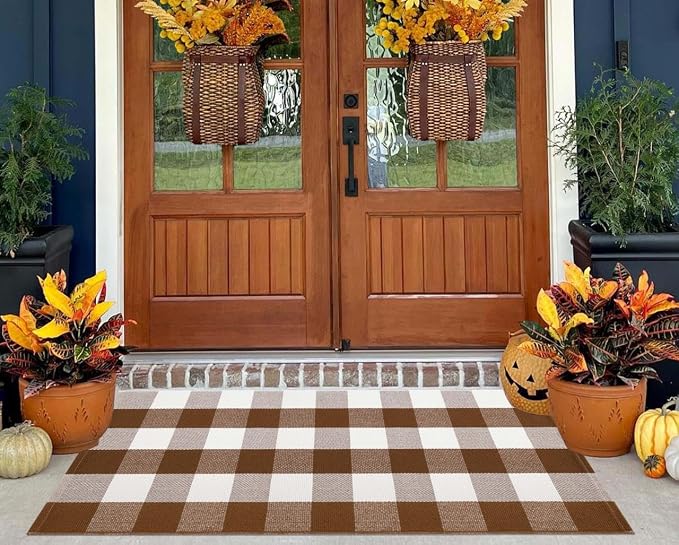 Buffalo Plaid Outdoor Rug 2'x4.3',Fall Coffee Front Porch Rug Door Mats Outdoor Farmhouse Cotton Washable for Hello Welcome Rug Layered Doormat Outdoor Entryway