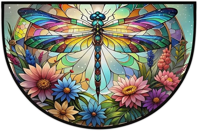 Dragonfly Half Round Doormat Semi Circle Rug Half Moon Rug Entryway Mat | Dragonfly Spring Washable Non Slip Outdoor Floor Rug Kitchen Mat for Indoor Outdoor Bathroom Fireplace Bath Decor
