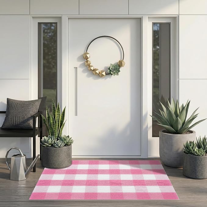 Buffalo Plaid Area Rug, Checkered Rug 27.5x43 Inches, Pink and White Rug, Washable Cotton Mat for Front Porch, Entryway, Kitchen, Living Room, Home Decor