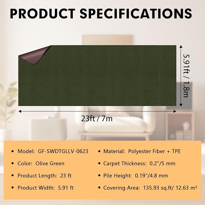 Grefinity Marine Carpet,6 FT x 23 FT Olive Green Indoor Outdoor Carpet 0.2" Thick Boat Rug with Water-Proof TPE Backing for Home, Patio, Porch, Deck