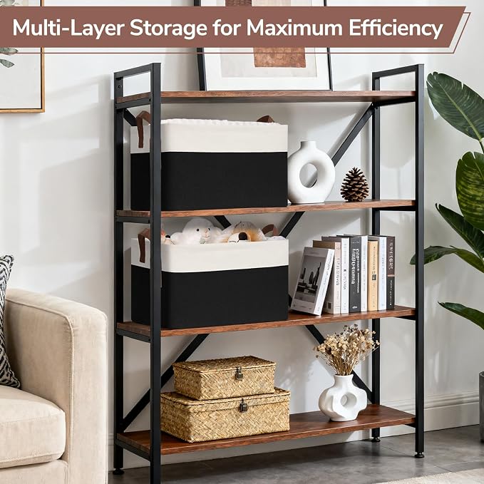 CHICVITA 4 Pack Large Fabric Storage Baskets with Handles, Black & White | 16.8 × 11 × 9.8 in, Collapsible Design, Metal Frame, Closet & Shelf Organization, Toys, Blankets, Clothes & Linens Storage