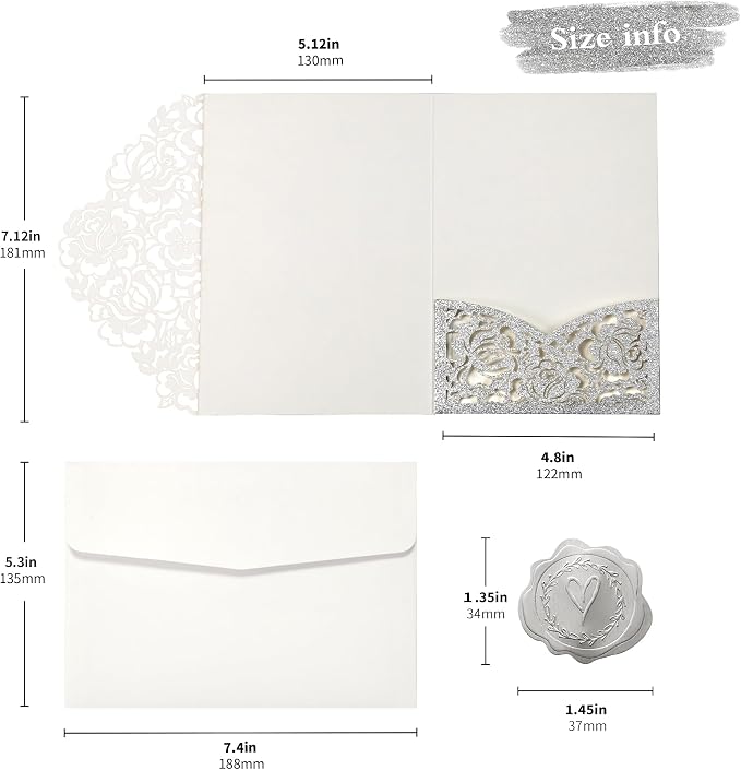 DORIS HOME Laser Cut Quinceanera Invitation Pockets, Silver Glitter, 5"x7" | 50pcs, With Envelopes, For Birthday, Miss 15, Sweet 16, No Inserts Included
