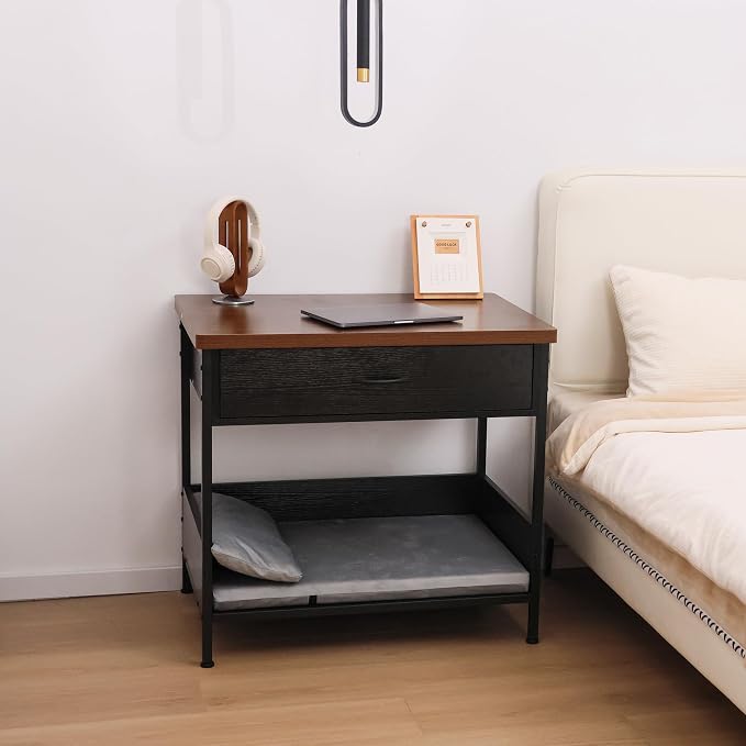 Dog Bed End Table with Storage Drawer and Washable Cushion, Black & Walnut | Open Elevated Dog Bed Furniture for Small Medium Dogs Up to 50 lbs, Metal Frame, Drawer, for Living Room, Bedroom Bedside