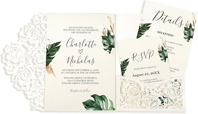 DORIS HOME Laser Cut Wedding Invitation Pockets, Ivory White, 5"x7" | 50pcs, With Envelopes, For Wedding & Anniversary, No Inserts Included