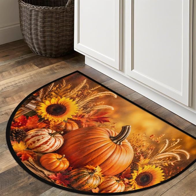 Thanksgiving Half Round Door Mat Welcome Entrance Mat Bath Bathroom Rug B5 | Autumn Pumpkin Thanksgiving Welcome Entrance Mat Anti-Slip Half Moon Bath Mat Semi Circle Rug Indoor Outdoor Kitchen Rug