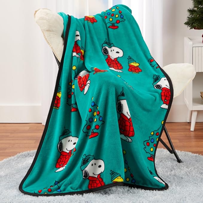 Franco Collectibles® Peanuts® Snoopy & Woodstock Puffer Coat Holiday Christmas Super Soft Cozy Plush Throw, 40 in x 50 in, (Official Peanuts® Product)