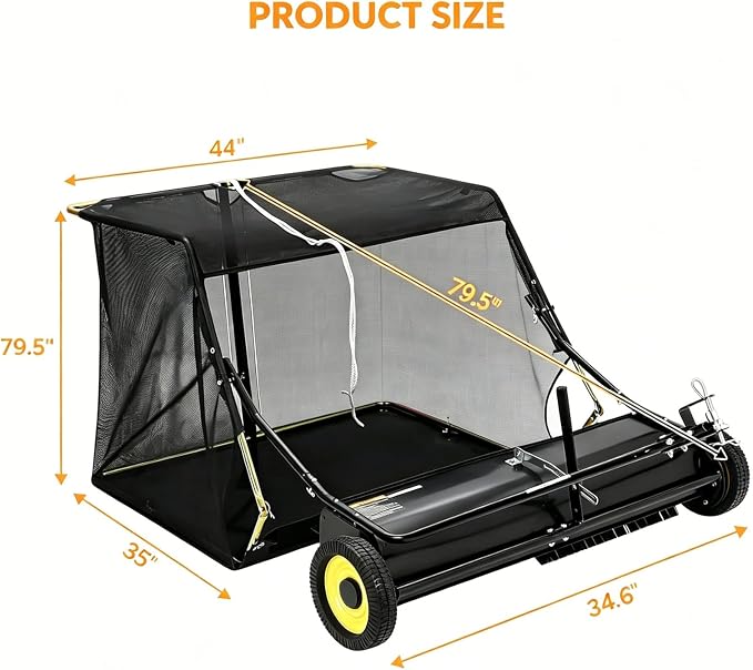 44" Large Capacity Pull Behind Lawn Sweeper with Adjustable Sweeping Height - Leaf & Grass Collector with Dumping Rope Design for Picking Up Grass and Debris