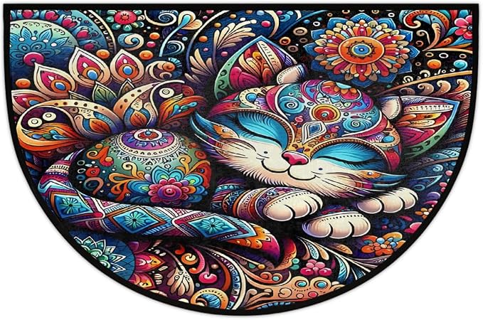 Cat Cute Colorful Half Round Door Mat Non-Slip Semi Circle Rug Washable Half Moon Floor Rug Absorbent Bathroom Area Rugs for Outdoor Indoor Fireplace Mat Entryway Kitchen Decor Rugs