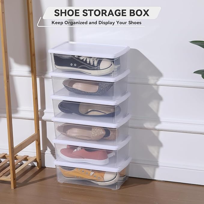 novelinks 8 Pack 6QT Plastic Storage Bins with Lids, Shoe Boxes (White) | Clear Shoe Storage Boxes, Shoe Boxes Clear Plastic Stackable, Shoe Bins, Shoe Containers, Craft Organizers and Storage