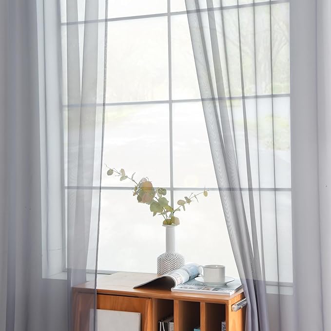 youleyar Solid Sheer Rod Pocket Curtain Voile Draperies 2 Panels White Beige Black Grey Coffee 38 Inch Width 63 Inch Long 1 Pair for Kitchen Bedroom Children Living Room Yard(Grey,38Wｘ63L)