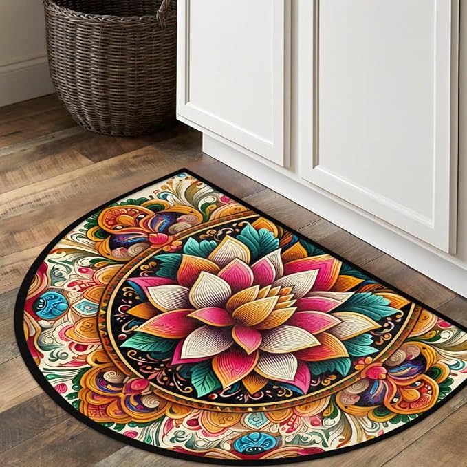 Ethnic Mandala Half Round Rug Half Moon Door Mat Half Circle Rugs | Ethnic Washable Non-Slip Semi Circle Rug Welcome Half Round Door Mat Indoor Entrance Kitchen Bedroom Living Room Decor