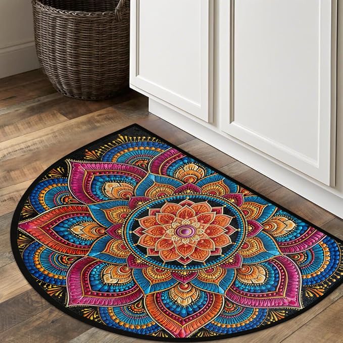 Flower Half Round Door Mat Semi Moon Rug Fireplace Carpet Area Rugs | Boho Geometric Non Slip Absorbent Half Circle Mat Carpet for Indoor Outdoor Patio Kitchen Bathroom Entryway Home Decor