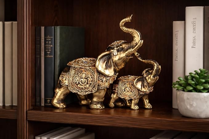 6" Wide Golden Elephant Statue Set, Feng Shui Lucky Elephant Figurines, Trunk Up Prosperity Decor, Luxury Gold Home Office Desk Shelf Decoration, Elephant Family Wealth Symbol Gift