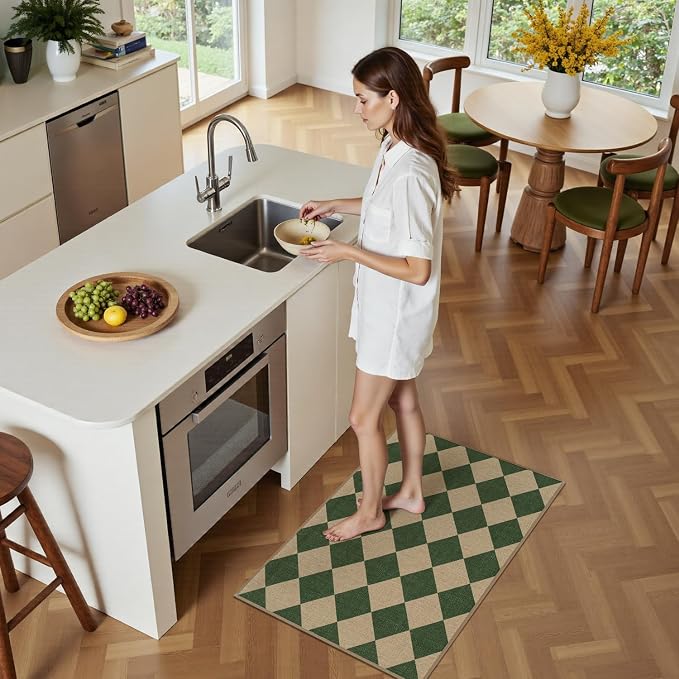 Lessymo Checkered Easy Jute Entryway Rug, 2x3 Washable Front Indoor Mat | Non Slip Area Rugs, Stain Resistant, Non Shed Outdoor Carpet for Kitchen Bathroom Porch Bedroom Bedside, Diamond Green/Beige