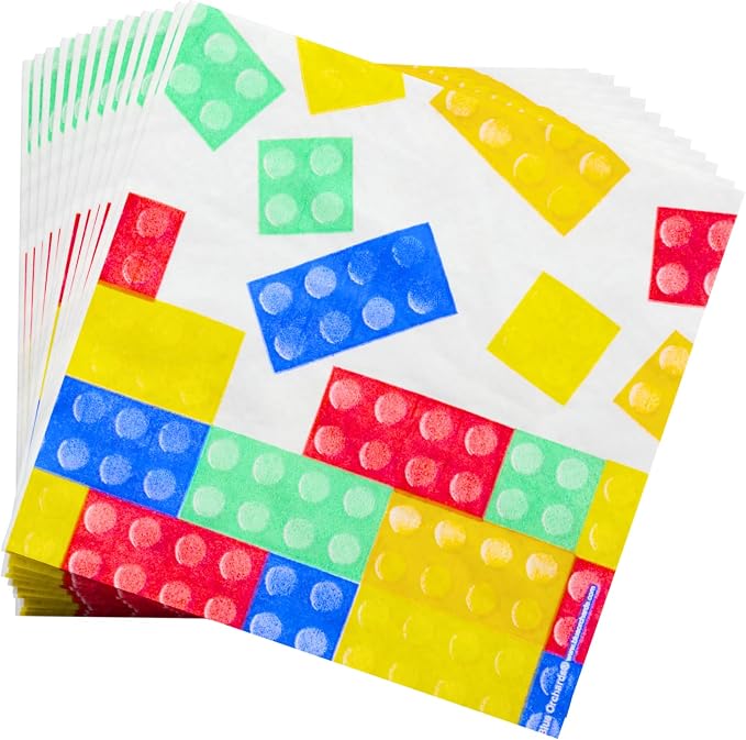 Building Block Deluxe Party Supplies Pack (137 Pieces for 16 Guests) - Gamer Birthday Decorations, Gamer Party Supplies , Blocks Party Decor, Brick Birthday, Blue Orchards