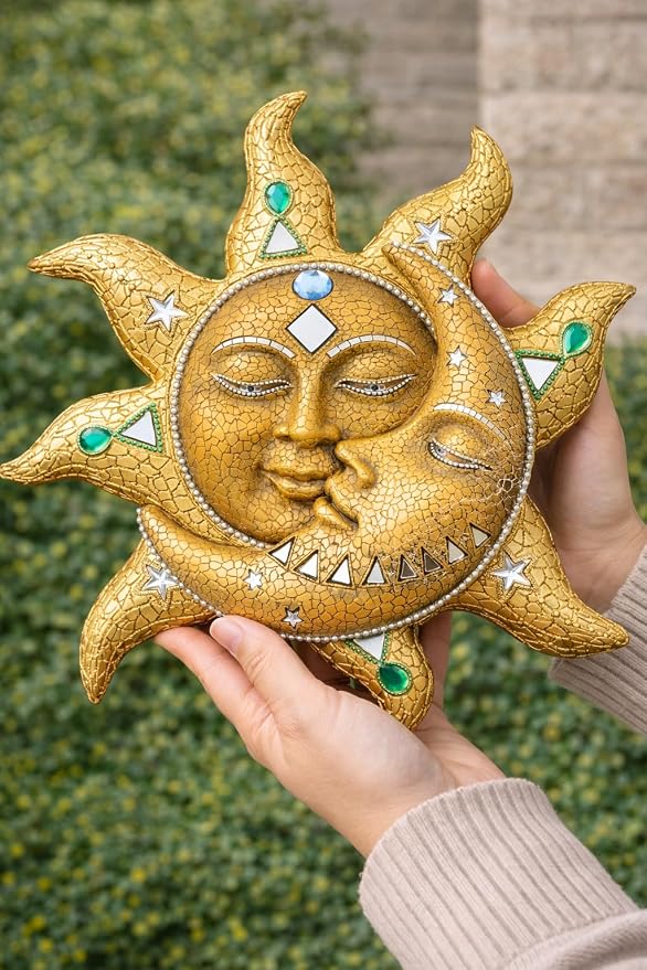 George S. Chen Imports Hand Painted Polyresin Mosaic Sun and Moon Face Wall Décor – Celestial Art for Indoor or Outdoor Home Decoration 63148