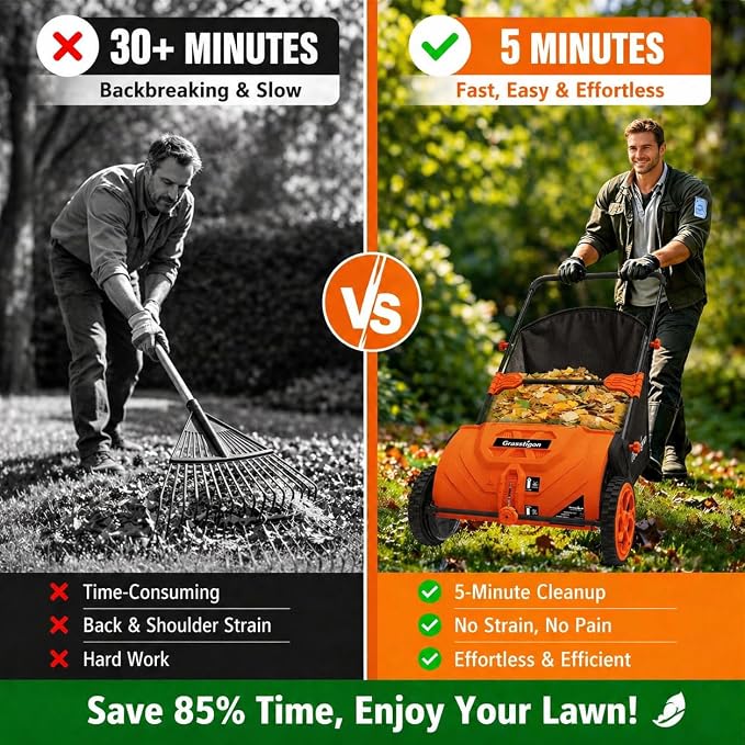 Grasstigon 21-Inch Manual Push Lawn Sweeper, Leaf Collector for Grass Clippings, Leaves & Debris, Leaf Picker Upper with Large 3.64 ft³ Hopper, Durable Wheels, Orange & Black