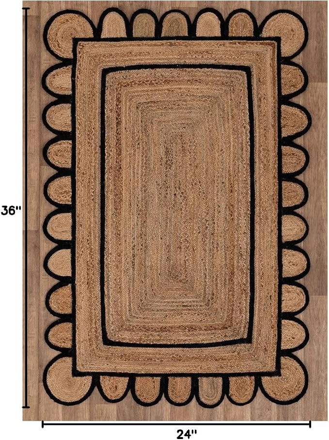 Scalloped Natural Jute Area Rug for Bedroom Living Room, Kitchen, Patio, Hallway, Entryway, Indoor, Outdoor, Farmhouse, Morden Carpet, Door Mat Black, 2x4 ft.
