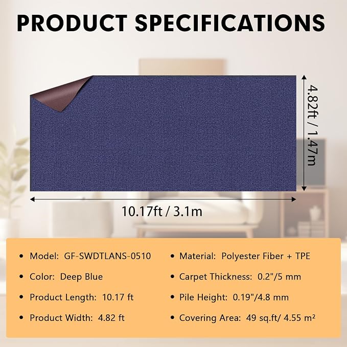 Grefinity Marine Carpet,5 FT x 10 FT Deep Blue Indoor Outdoor Carpet 0.2" Thick Boat Rug with Water-Proof TPE Backing for Home, Patio, Porch, Deck