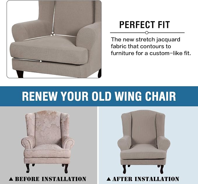 H.VERSAILTEX 2 Piece Stretch Jacquard Wingback Chair Covers Slipcovers Wing Chair Covers (Base Cover Plus Seat Cushion Cover) Furniture Covers for Wingback Chairs, Form Fitted Thick Soft, Taupe