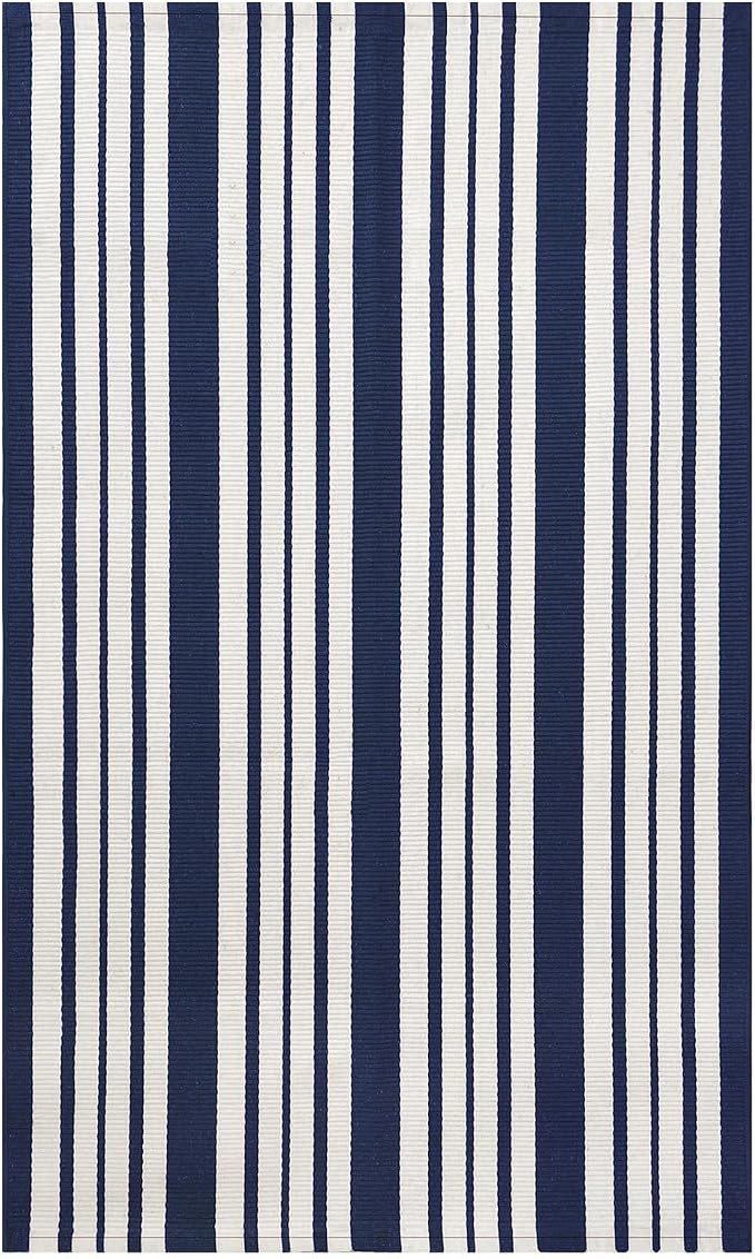 IOHOUZE Navy and White Striped Rug 3'x5' Front Door Rugs Outdoor, Washable Area Rug for Front Porch, Spring Summer Doormats Outdoor Indoor, Cotton Rugs for Entryway Porch Entrance