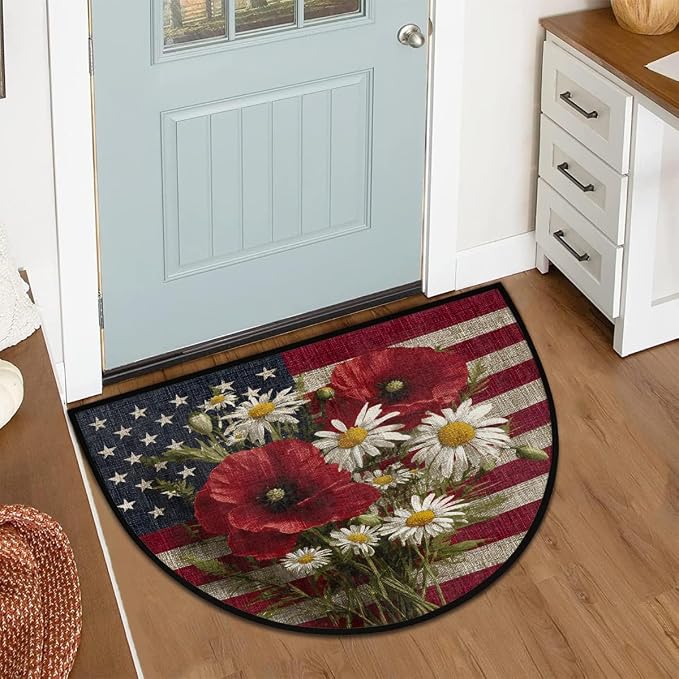 Poppy Flag Half Round Door Mat Non-Slip Semi Circle Rug Half Moon Doormat | Poppy American Flag Soft Washable Welcome Entrance Mat for Outdoor Indoor Floor Bedroom Bathroom Home Kitchen Festival Decor