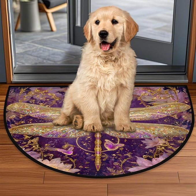 Dragonfly Half Round Door Mat Outdoor Doormat Bedroom Entrance Rug A19 | Bohemian Dragonfly Flower Semi Moon Door Mat Non-Slip Absorbent Kitchen Rug Indoor Welcome Bath Mat 36" X 24"