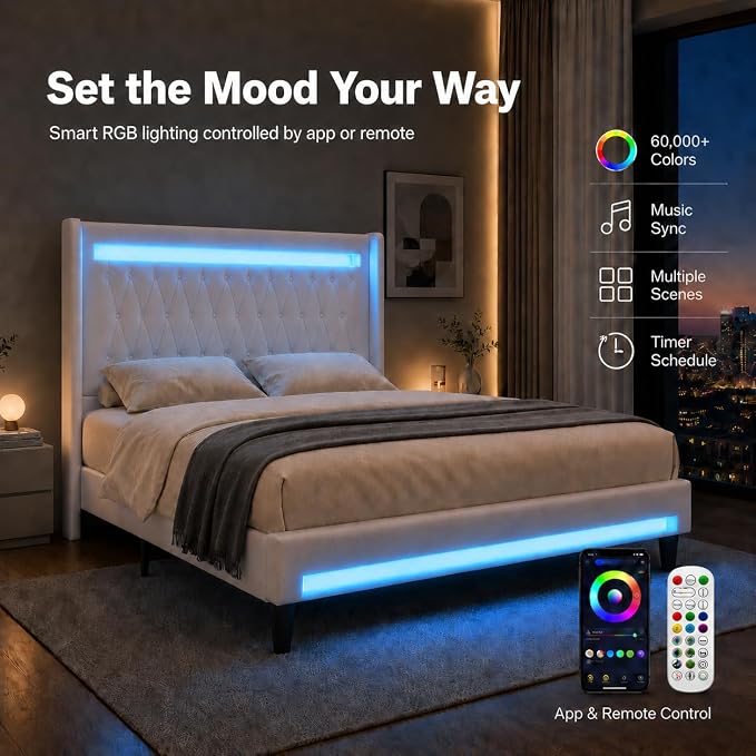 Allewie Queen Size Upholstered Bed Frame with LED & Charging Station, White | Customizable LED lights, charging station, tufted wingback headboard, noise-reducing support, and no box spring needed.