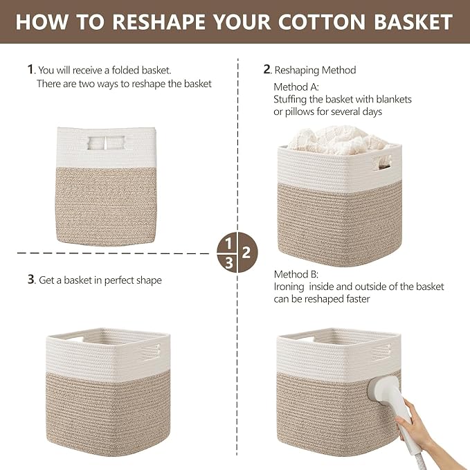 UBBCARE Storage Cubes 11 Inch, Cotton Rope Woven Baskets for Organizing, Cube Storage Bin for Baby Nursery, 2-Pack Square Toy Storage Baskets for Shleves Organizer, Closet, Kidsroom, Brown
