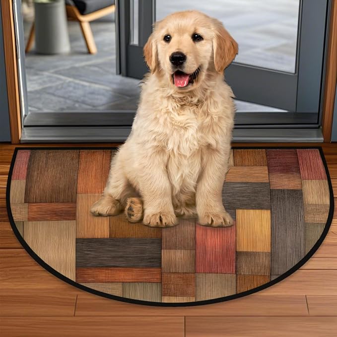 Wood Half Round Doormat Semi Circle Rug Half Moon Rug Entryway Mat | Wooden Retro Washable Non Slip Outdoor Floor Rug Kitchen Mat for Indoor Outdoor Bathroom Fireplace Bath Decor
