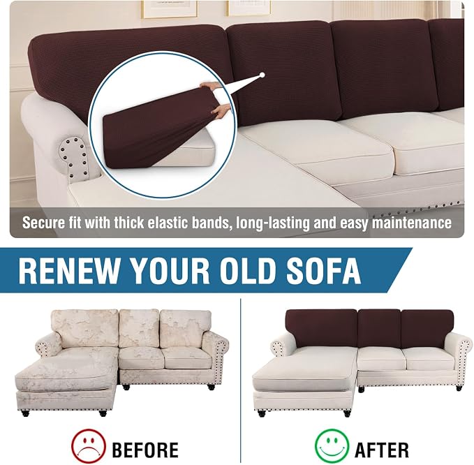 H.VERSAILTEX Backrest Cushion Covers Sectional Couch Back Cushion Covers for Sectional Sofa Set for Both Left/Right Couch (Back Only: 1 Chaise + 2 Sofa, Chocolate)