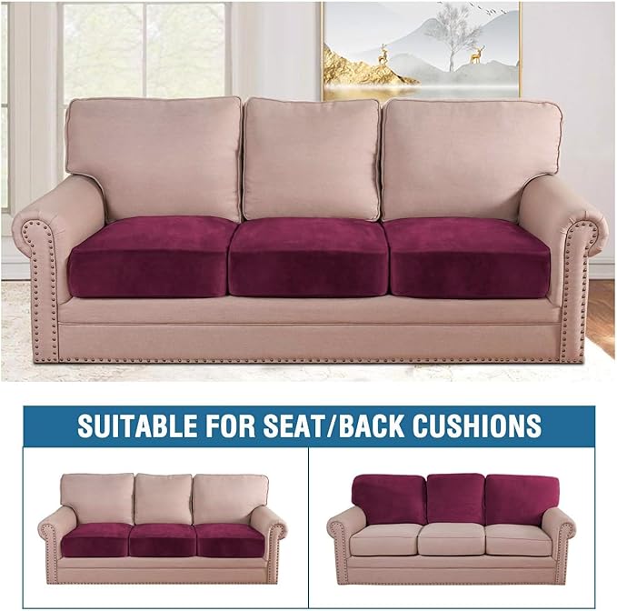 H.VERSAILTEX Velvet Stretch Couch Cushion Cover Plush Cushion Slipcover for Chair Loveseat Sofa Cushion Furniture Protector Seat Cushion Sofa Cover (3 Piece XL Sofa Cushion Covers, Burgundy)
