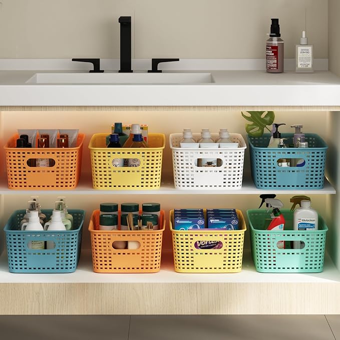 ORGIDOL Colorful Plastic Storage Baskets Bins for Home Organizing, 10 Pack | Space-Saving Storage Container with Handles, Multi-Purpose Storage Box, for Cabinet, Shelve, Countertop, Closet, Classroom
