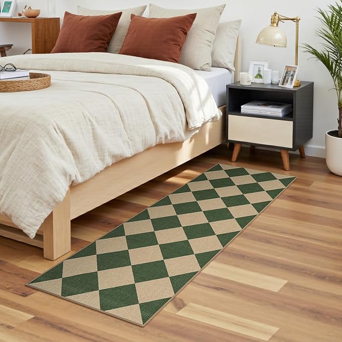 Lessymo Kitchen Runner Rug 2x6 Checkered Jute Rugs Washable Non Slip, Green | for Entryway Hallway Bedside, Indoor Outdoor Carpets for Patio Porch, Stain Resistant, Kid Pet Friendly, Diamond Green/Beige