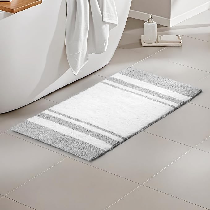 Madison Park - Spa Reversible Cotton Bath Rug - Grey - 20(W)" x 30(L)" - Striped - Water Absorbent- Fast Drying- Bath Mats - Feels Fluffy - Stylish & Sophisticated | Soft Pile, Machine Washable, OEKO-TEX Certified
