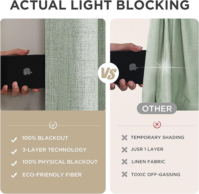 Joydeco Blackout Curtains for Bedroom - 100% Light Blocking 2 Panels Sage Green Drapes 42"W x 108"L, Thermal Insulated Room Darkening Curtains, Linen Textured for Living Room, Rod Pocket & Back Tabs