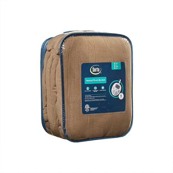 Serta Heated Blanket Twin - Reversible Fleece Heating Blanket, Stone Brown | Dual-Layer Heated Throw Blanket With 5 Heat Settings & Auto Shut Off, Machine Washable, ETL Certified