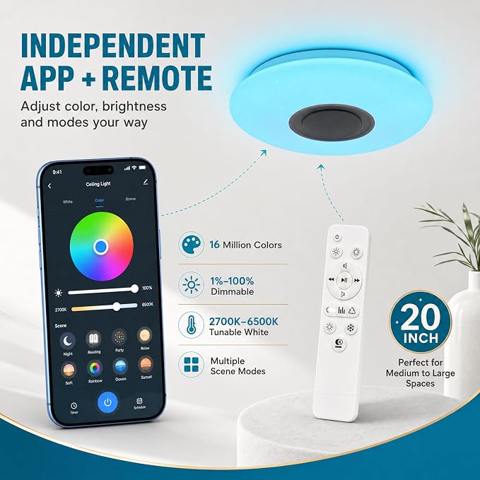 Premium Ceiling Lights with Bluetooth Speaker 19.7-inch 36W, Dimmable 95-265V Modern Smart Home Party Light, Brightness and Music via Phone APP (Remote Includes)