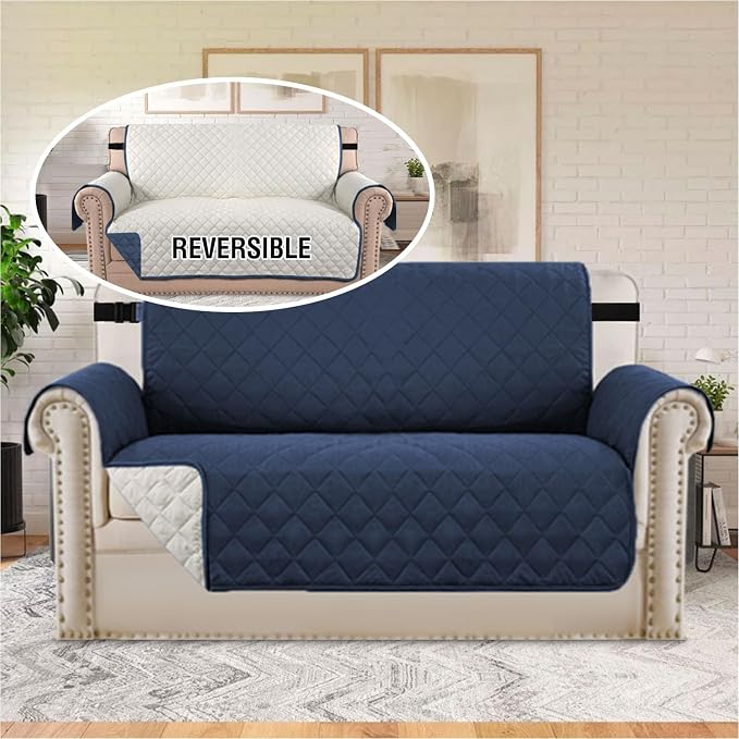 H.VERSAILTEX Reversible Loveseat Cover for 2 Cushion Couch Water Resistant Couch Cover for Dogs Non Slip Furniture Protector Cover with Elastic Strap for Pet Cat(Oversized Loveseat, Navy/Beige)