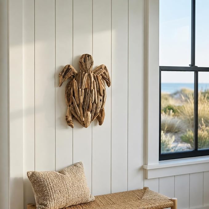 Wooden Driftwood Turtle Sculpture – Relaxed Coastal Room Decor Accent, Living Room or Patio Wall Display, Organic Texture and Artful Home Decor Silhouette – 16"x 22"x 3", Brown