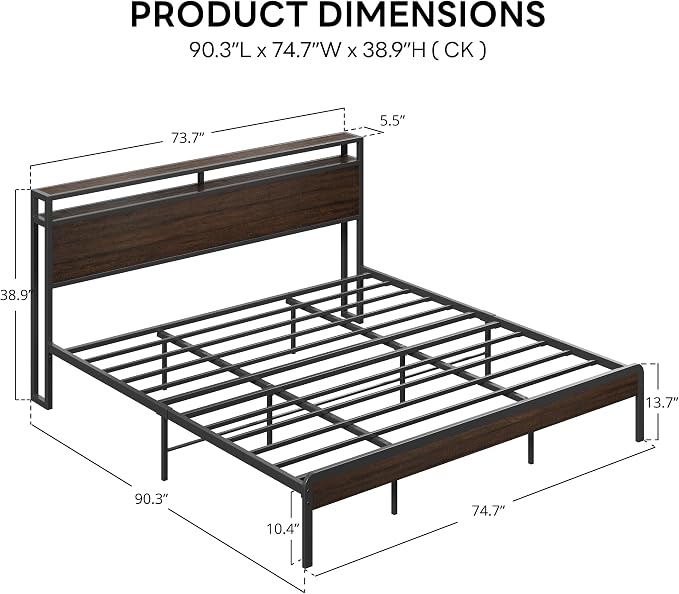 LIKIMIO California King Bed Frames with 2-Tier Storage Shelf Headboard | Dark Wood Platform Bed, Camas California King with Strong Metal Support, Sturdy, Noise-Free, No Box Spring Needed, Dark Brown