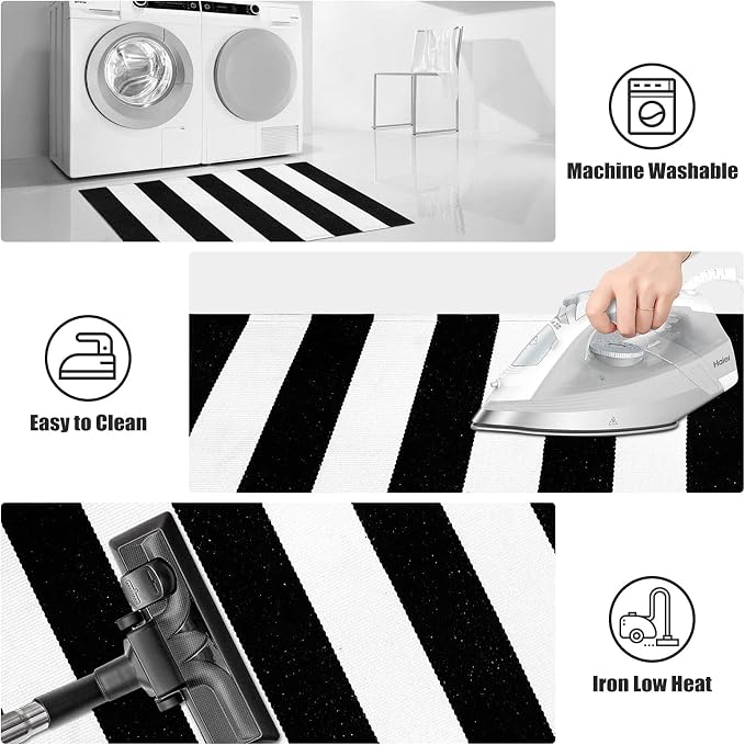 LEEVAN Black and White Outdoor Rug 2.3' x 3.6', Washable Striped Front Porch Rugs, Cotton Woven Layered Front Door Mat, Farmhouse Entryway Rug Reversible Foldable Indoor Doormat for Layered