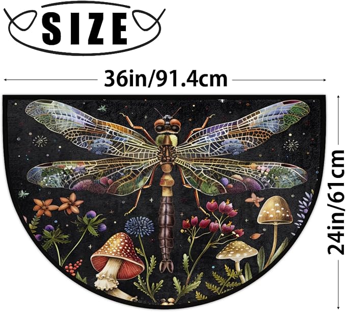 Dragonfly Flower Mushroom Half Round Door Mat, Non-Slip Entrance Welcome Mat for Indoor Semi Circle Bathroom Floor Rugs Outdoor Mats House Entry Way Heavy Duty Doormat for Kitchen Living Room 36x24 In