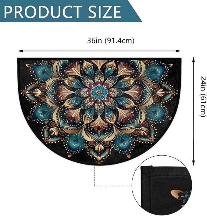 Boho Bohemia Colorful Half Round Door Mat Non-Slip Semi Circle Rug Washable Half Moon Floor Rug Absorbent Bathroom Area Rugs for Outdoor Indoor Fireplace Mat Entryway Kitchen Decor Rugs