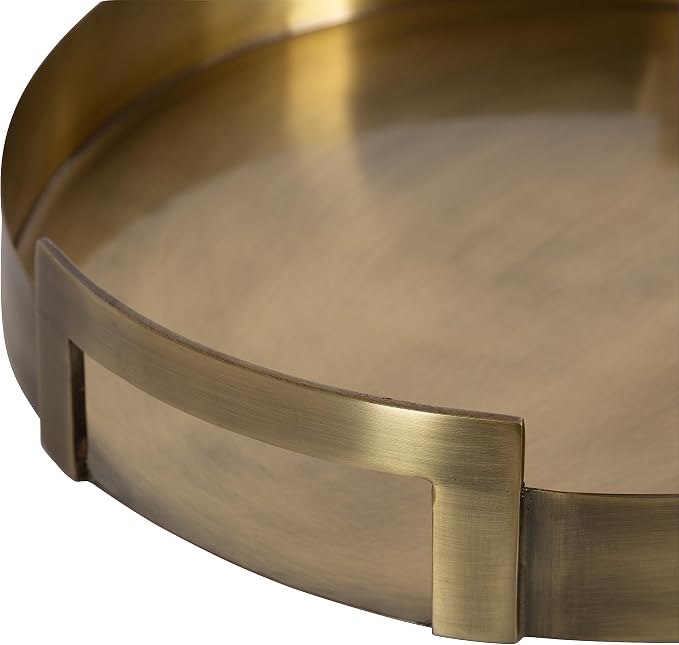 Kate and Laurel Myo Transitional Metal Round Tray; 15 x 15; Brass; Modern Glam Circular Decorative Serving Tray with Handles for Storage; Display; and Decor