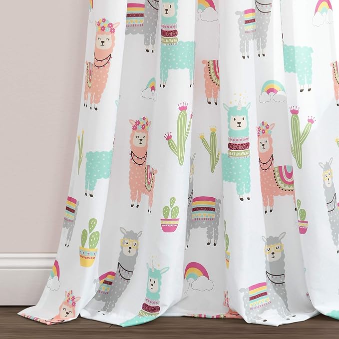 Lush Decor Southwest Llama Cactus Window Curtain Panel, Pair, 52" W x 84" L, White & Blush - Cute Colorful Boho Curtains for Kids Room