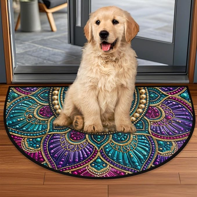 Mandala Half Round Door Mat Semi Circle Rug Half Moon Doormat | Soft Washable Beautiful Ethnic Welcome Entrance Mat for Outdoor Indoor Floor Bedroom Bathroom Home Kitchen Festival Decor